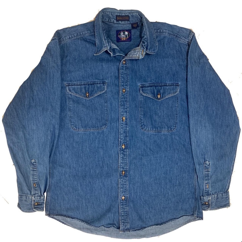 Vintage SERO men's oversized denim button up shirt with tortoise shell buttons.